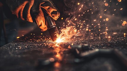 Closeup of hands with gloves holding welding machine working with metal making sparks