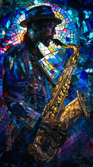 Fototapeta premium A mosaic art depiction of a stylish man playing the saxophone, set against a fragmented stained glass background.