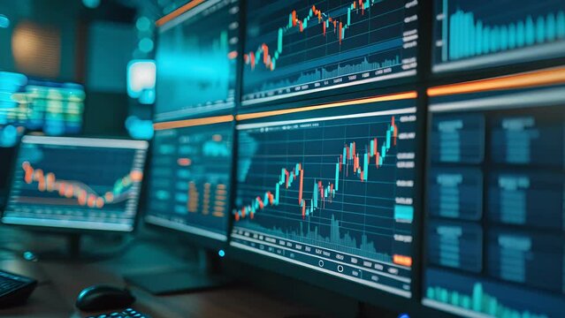 stock data monitor analyzing data stock market in monitoring room on the data presented in the chart, forex trading graph, stock exchange trading online, financial investment