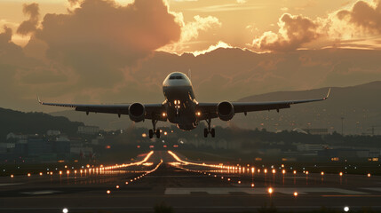 A large jetliner taking off from an airport runway