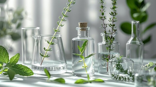 Developing a concept for a natural organic beauty skincare product with a bottle filled with green herbal leaves and scientific glassware. Designing a mockup of a blank label that can be used for