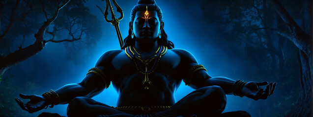 Nocturnal silhouette portraying Lord Shiva in a meditative state, radiating tranquility in the night. - obrazy, fototapety, plakaty