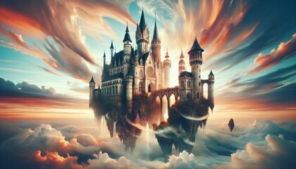 Majestic floating castle above the clouds - obrazy, fototapety, plakaty