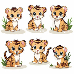 Cute Illustrated Tigers Clipart isolated on white