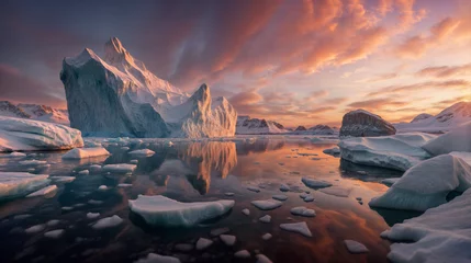 Gordijnen In Antarctica, snow mountains and icy waters with warm orange sky, Generative AI © REC Stock Footage