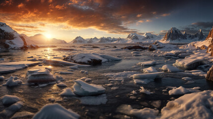 Fototapeta na wymiar In Antarctica, snow mountains overlook icy waters with orange sky. Generative AI