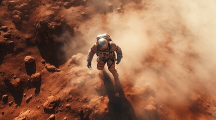 Aerial view or top view to an astronaut on a planet with red dust, exploring the planet