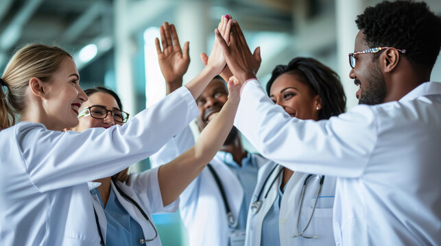Group of medical professionals in scrubs and white coats, putting their hands together in a unified gesture