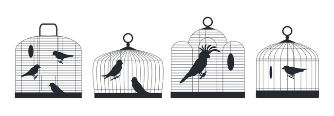 Birds sitting in cages silhouettes. Birds cages with domestic birds, canary, finch, cockatoo and budgie flat vector illustration set. Bird cages silhouette collection - obrazy, fototapety, plakaty