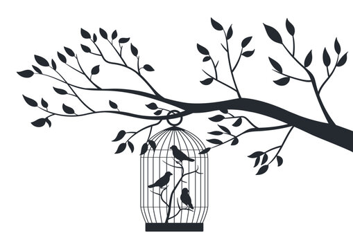 Bird cage hanging on tree. Decorative birds in tree cage, birds in in metal cages silhouettes flat vector illustration. Birds cage hanging on tree branch