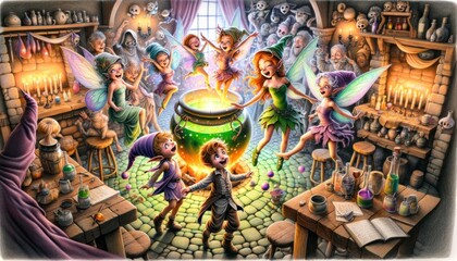Enchanted fairies and wizard brewing potion in a magical workshop
