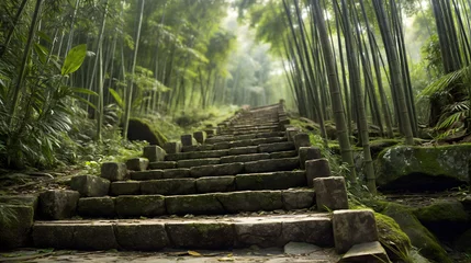 Deurstickers A stone staircase in bamboo forest. The steps are covered in moss. Generative AI © REC Stock Footage