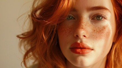 Portrait of beautiful young redhaired girl on white background. Close-up of a red-haired woman with freckles. Healthy face skin care beauty