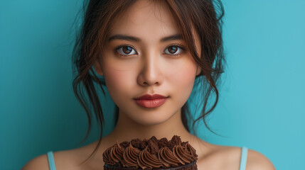 Diet, Dieting asian young woman, girl hand gesture push out rejecting eat chocolate cake, sweet taste fighting to keep it from getting fat when people giving her. Health care, nutrition of weight loss - obrazy, fototapety, plakaty