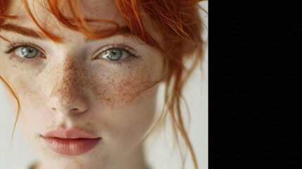 Portrait of beautiful young redhaired girl on white background. Close-up of a red-haired woman with freckles. Healthy face skin care beauty