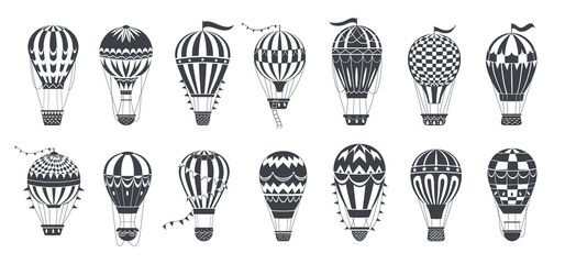 Hot air balloons. Vintage flying aircrafts silhouettes, hot air balloons flat vector illustration set. Retro transportation silhouettes on white