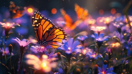 A vibrant monarch butterfly perches atop mystical purple flowers, illuminated by twilight zest and...