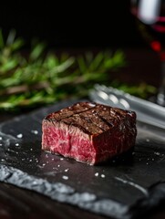 A succulent medium rare steak with grill marks, seasoned with coarse salt presented on a slate board