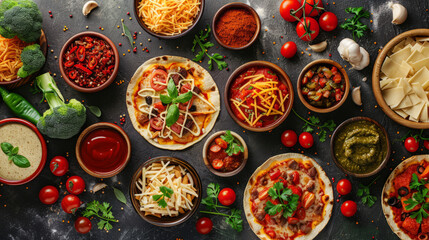 Overhead view of a table full of Italian dishes like pizzas, pasta, and ingredients, evoking a festive meal