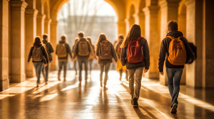 Pupils strolling along school corridors at dawn, bathed sunlight, Generative AI