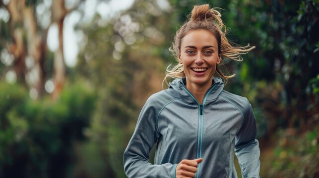 Portrait a happy athletic girl doing healthy jogging in outdoors. AI generated image