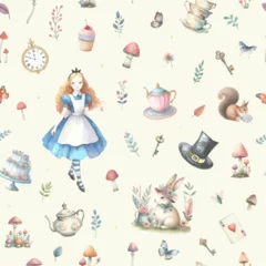 Papier Peint photo Visage de femme Watercolor wonderland seamless pattern background. Alice in Wonderland.