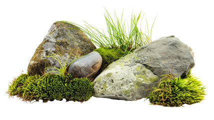 Green moss, accompanied by ornamental stones and grass isolated on transparent background - obrazy, fototapety, plakaty