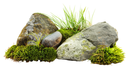 Green moss, accompanied by ornamental stones and grass isolated on transparent background