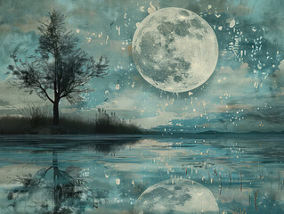 Moonlit Tranquility - Serene Love - Moonlit Ambiance & Mystical Elements - Craft an image inspired by a moonlit night, using the serene and mystical ambiance to capture the tranquil aspects - obrazy, fototapety, plakaty