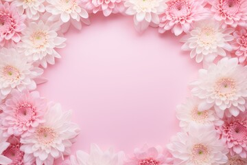 Beautiful floral frame of pink and white chrysanthemums with copy space on a pink background.
