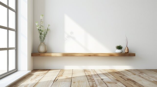 Modern interior of wooden shelf on white wall and wooden floor design. AI generated image