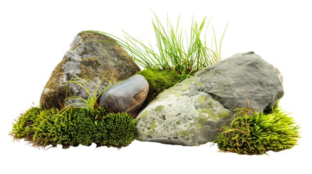 Green moss, accompanied by ornamental stones and grass isolated on transparent background
