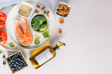 Fresh whole unprocessed food, anti-inflammatory diet products, healthy nutrition composition, top view