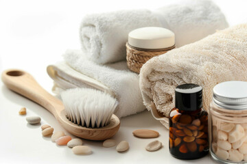 Fototapeta na wymiar Towels, eco cosmetics in cute jars, bamboo body brush. Beauty and self-care.
