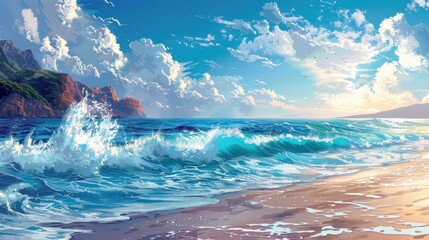 Enchanting Sea Shore Tranquility Illustrated in Wallpaper