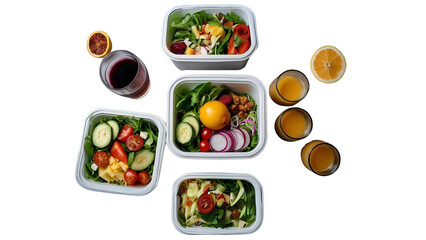 healthy take away food and drinks in disposable eco friendly paper containers, salad ,vegetable, fruit
