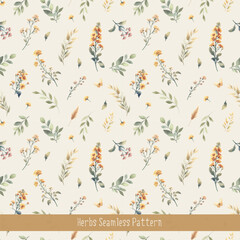 Vector watercolor vintage seamless floral pattern. Wild Herbs and wild flowers.