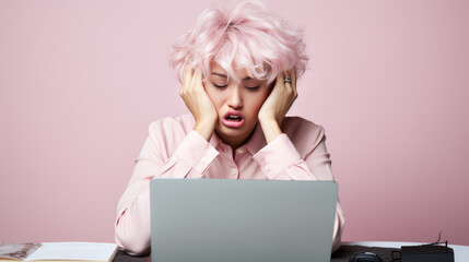 Stressed woman, sitting at a desk, holding her head in her hands against pink background