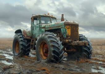 Obraz premium An old, rusty tractor with huge wheels, abandoned in the middle of a deserted muddy field under overcast sky