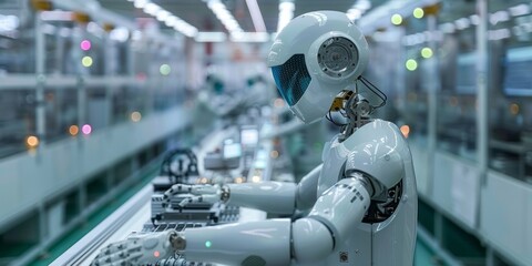 Fototapeta premium A cyborg working on an assembly line. A humanoid robot working in an automated factory.