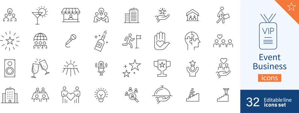 Set of 32 Event Business web icons in line style. business, coaching, gift, vector. Vector illustration. 