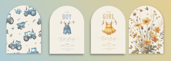 Cute baby shower watercolor arch invitation card with clothes for newborns drying on a rope. - Powered by Adobe