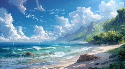 Illustration Displaying Coastal Blissful Scene Wallpaper
