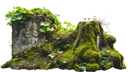 mossy stone wall and mossy stump surrounded by vegetation in the forest isolated on transparent background