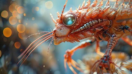 A semi-abstract futuristic illustration of a robotic shrimp with detailed mechanics, set against a purposely blurred backdrop