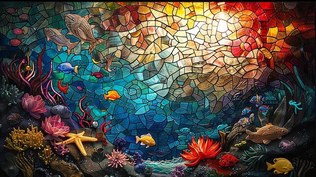 An artistic mosaic rendering of a seascape featuring waves and a glowing sunset captured in rich, warm colors.