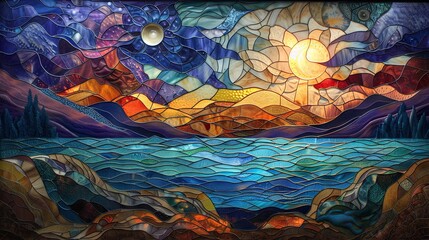 An artistic mosaic rendering of a seascape featuring waves and a glowing sunset captured in rich, warm colors.