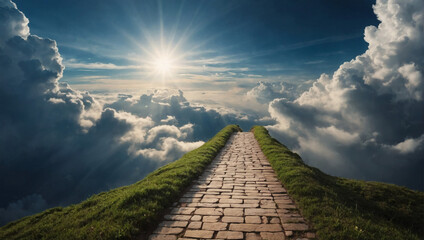 Path to the sky and clouds, a symbol of spiritual transcendence and connection to the divine. - obrazy, fototapety, plakaty