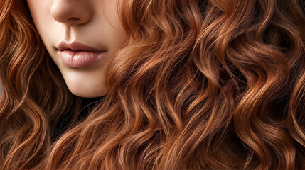 Naklejka premium Luxurious wavy red hair of a woman, impressive shine and vitality. Generative AI