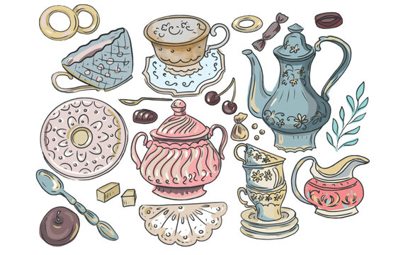 Jug, dishes, cups, tea and coffee set hand drawn candy spoon saucer breakfast set separately on a white background print